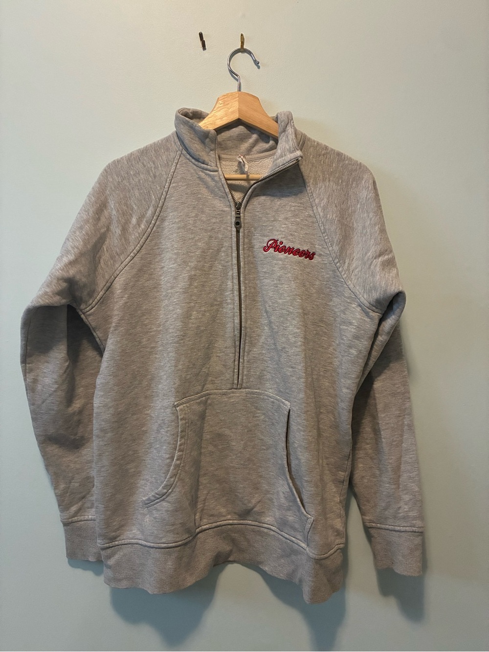 Gray Half-Zip Pullover with Red Script Logo